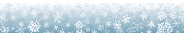 Баннер сложных рождественских снежинок с бесшовным горизонтальным повторением, в серых тонах. Зимний фон с падающим снегом
