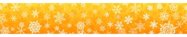 Баннер сложных рождественских снежинок с бесшовным горизонтальным повторением в желтых тонах. Зимний фон с падающим снегом
