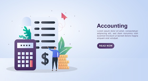 Banner concept of accounting with paper reports and calculators.