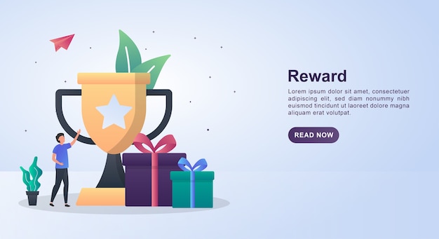 Vector banner concept of reward with big trophies and prizes.