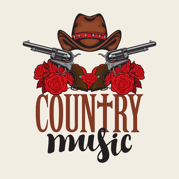 Vector banner for country music with cowboy hat and gun