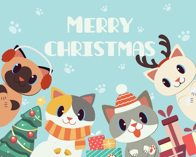 The banner of cute cat in christmas theme for merry christmas.