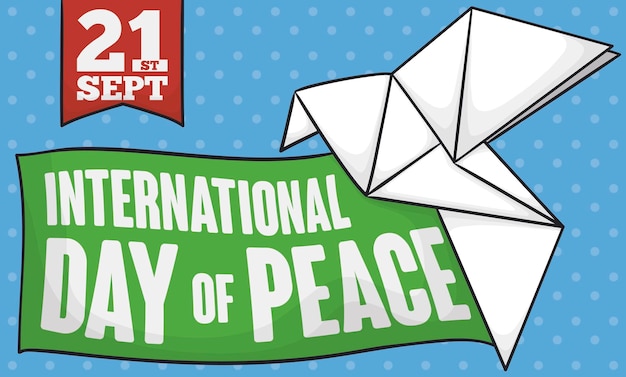 Banner for Day of Peace with green ribbon with reminder and white origami dove as peace symbol