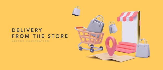 Vector banner delivery from the store in realistic style with store in phone, shopping cart, gift bags, map with pointer isolated on yellow background. vector illustration