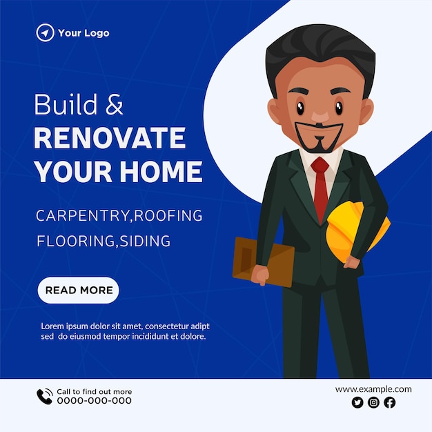 Vector banner design of build and renovate your home cartoon style template