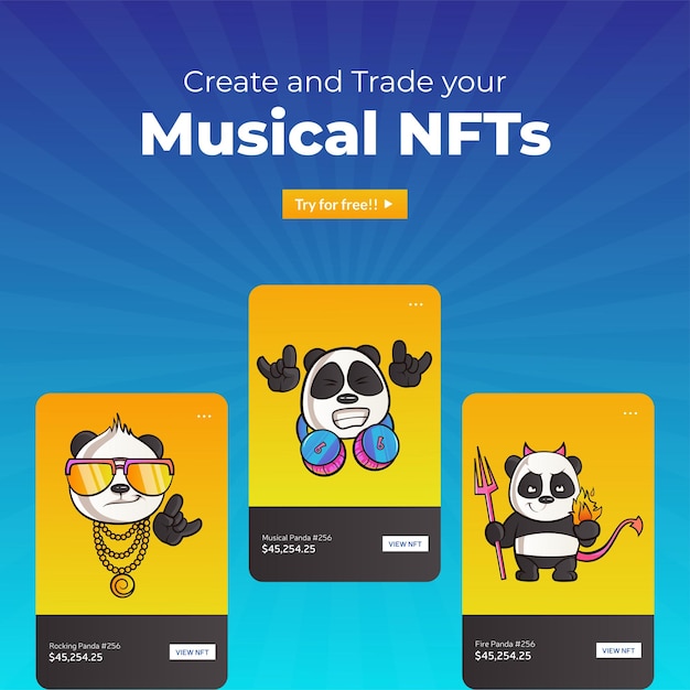 Banner design of create and trade your musical NFTs cartoon style template