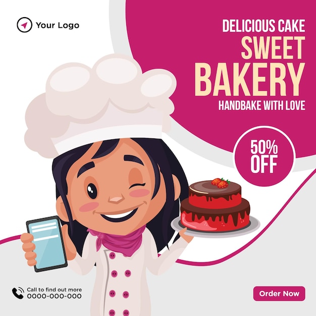 Vector banner design of delicious cake sweet bakery cartoon style template