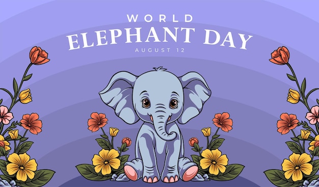Vettore banner a forma di simpatico personaggio di elefante con fiori giornata mondiale dell'elefante, 12 agosto