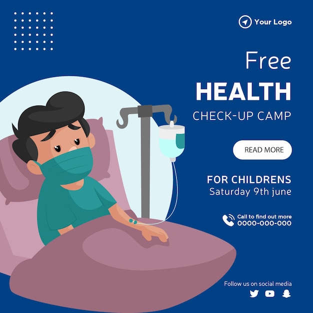 Banner design of free health check up camp cartoon style template
