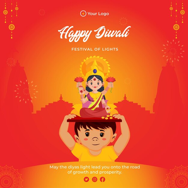 Banner design of happy Diwali festival of lights cartoon style template