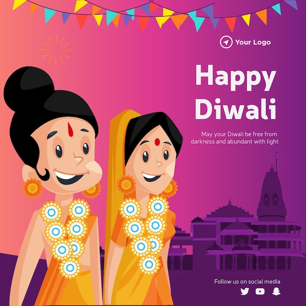 Banner design of happy diwali indian festival cartoon style template