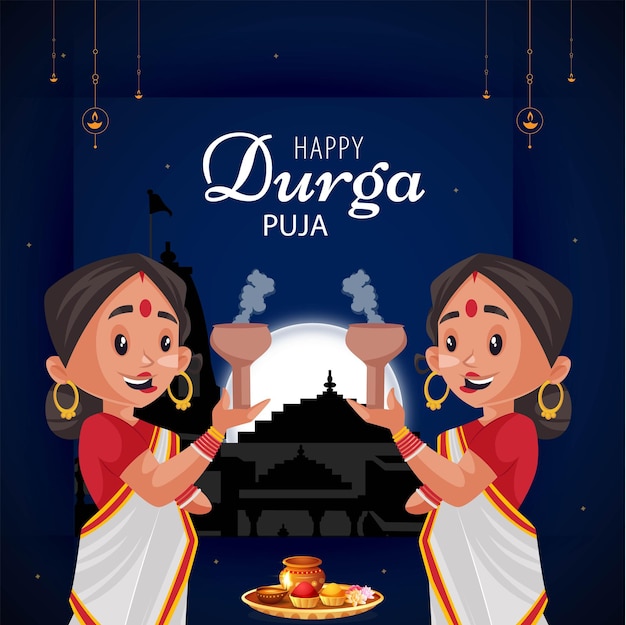 Banner design of happy durga puja cartoon style template