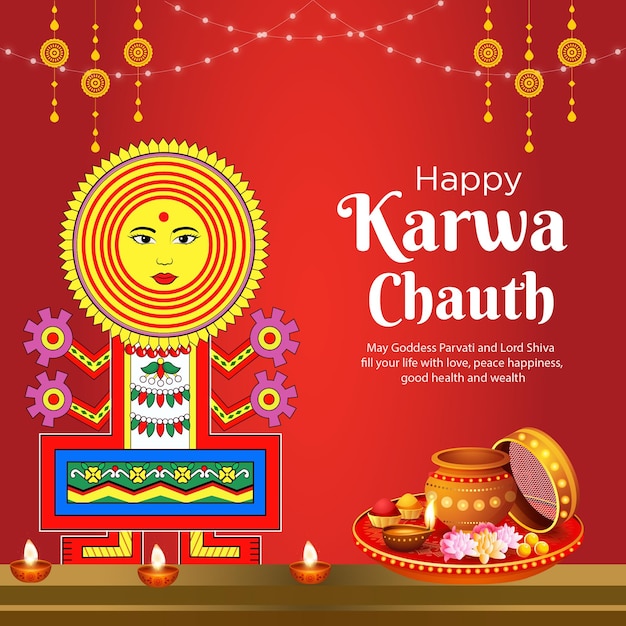 Banner design of Happy karwa chauth cartoon style illustration