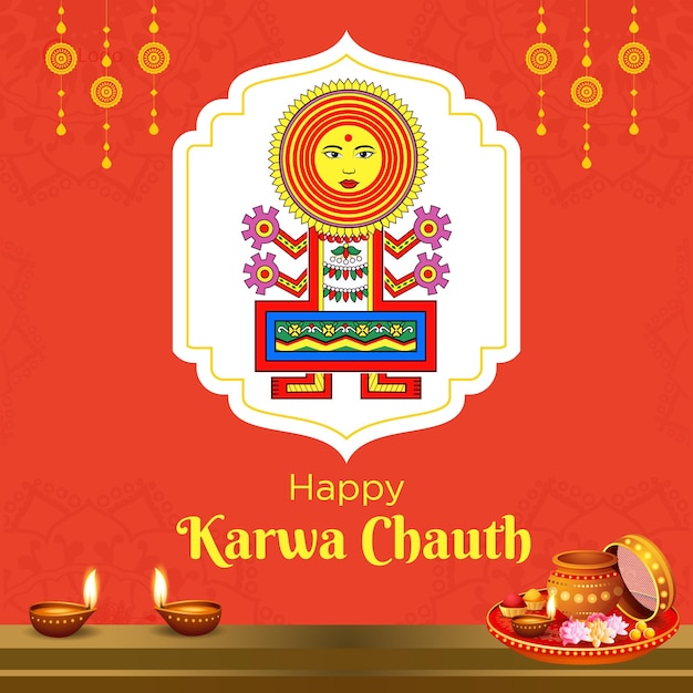 Banner design of Happy karwa chauth cartoon style illustration