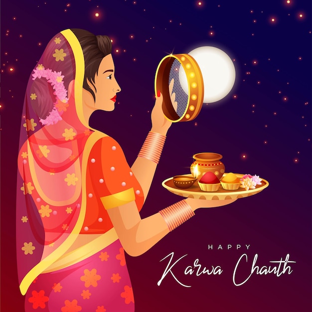 Banner design of happy karwa chauth cartoon style template