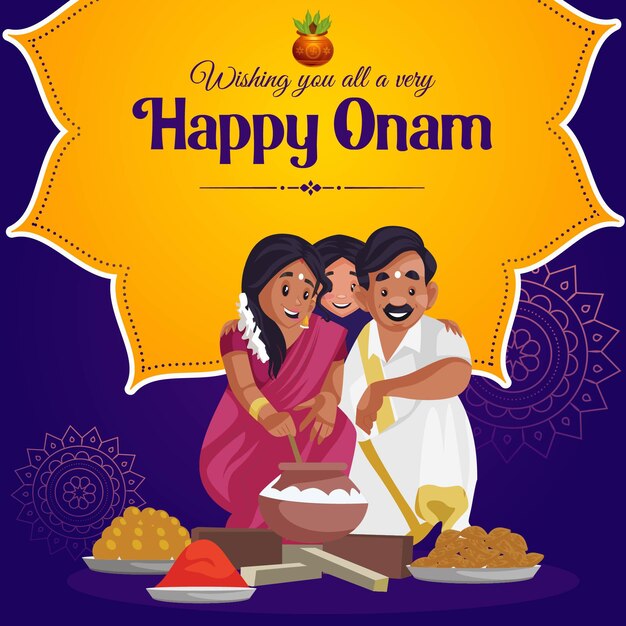 Banner design of happy Onam cartoon style template