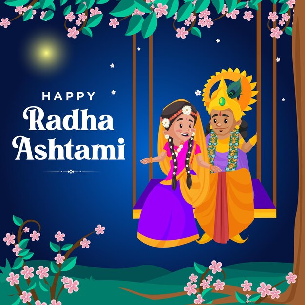 Vector banner design of happy radha ashtami cartoon style template