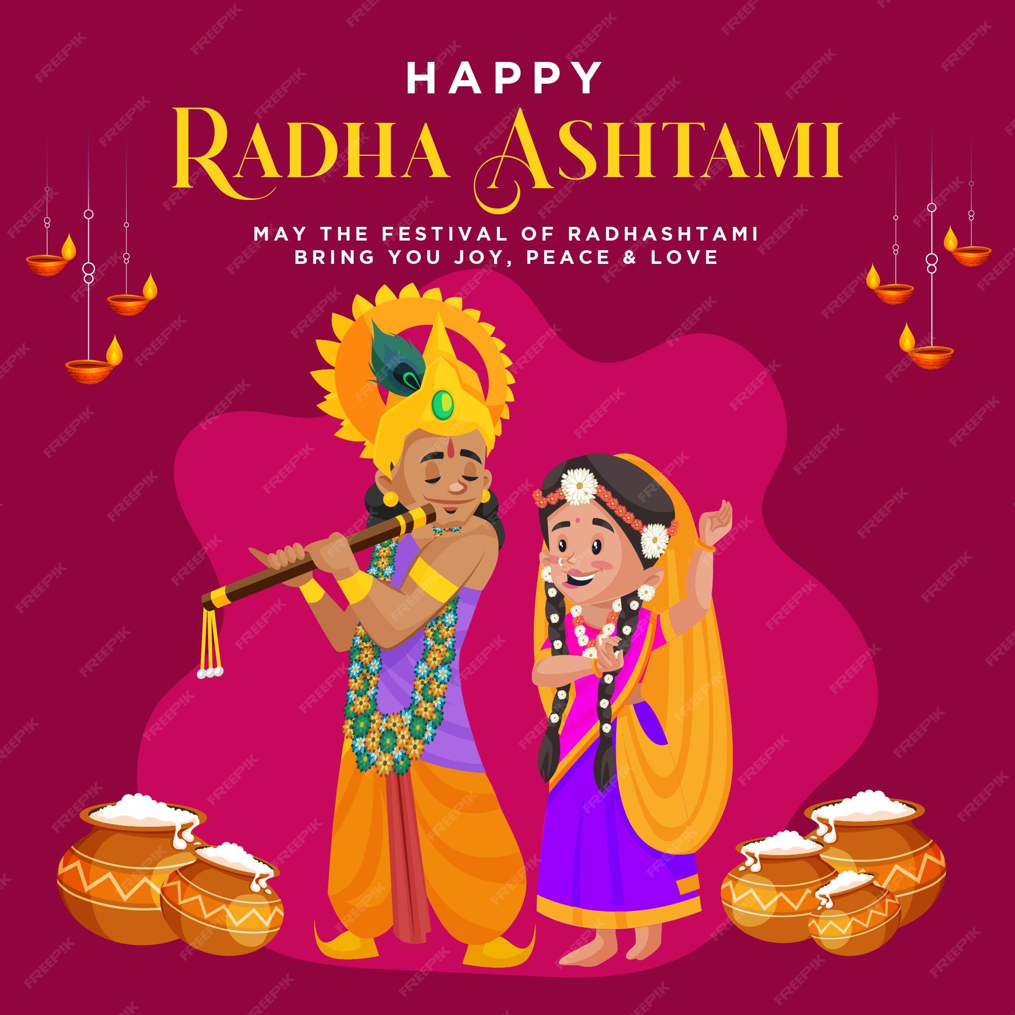 Premium Vector | Banner design of happy radha ashtami cartoon style template
