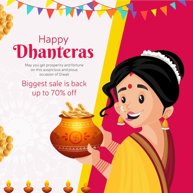 Дизайн баннера индийского фестиваля Happy Dhanteras, самый большой шаблон продажи