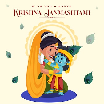 Banner design of indian festival krishna janmashtami cartoon style illustration