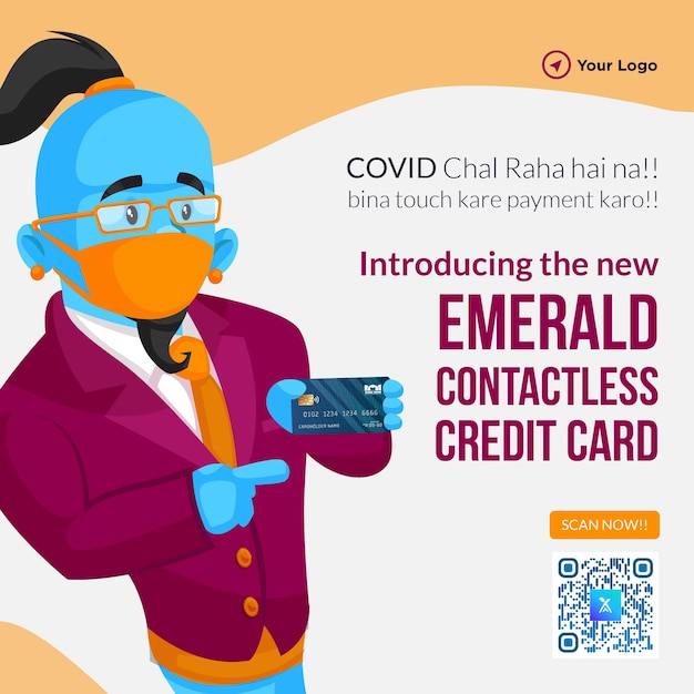 Banner design of introducing the new emerald contactless credit card cartoon style template