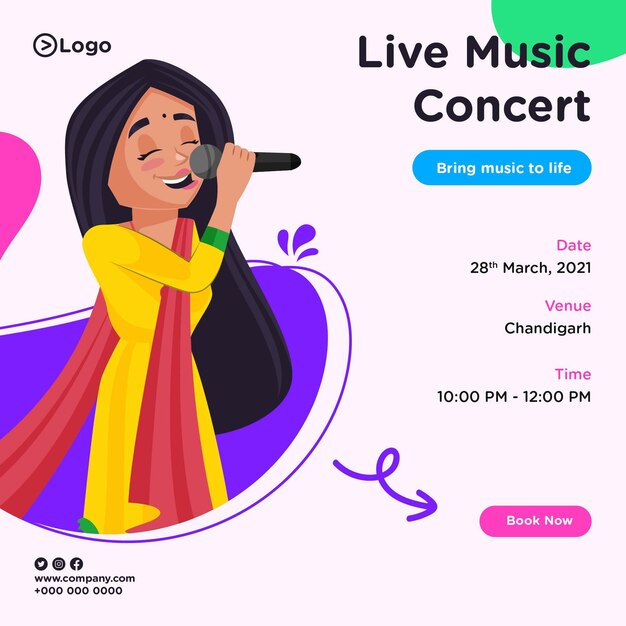 Banner design of live music concert in cartoon style