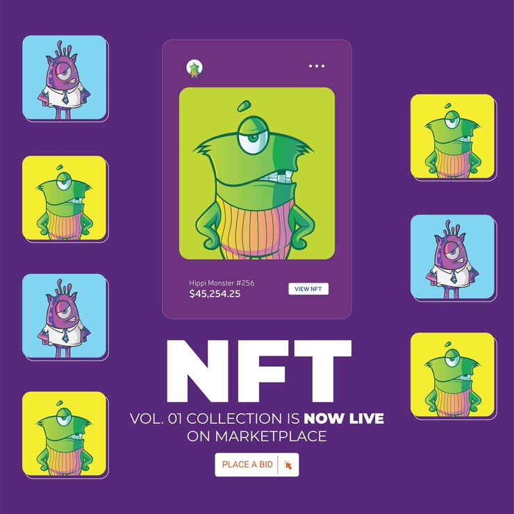 Vector nft 컬렉션의 배너 디자인은 이제 마켓플레이스 만화 스타일 템플릿에 게시됩니다.