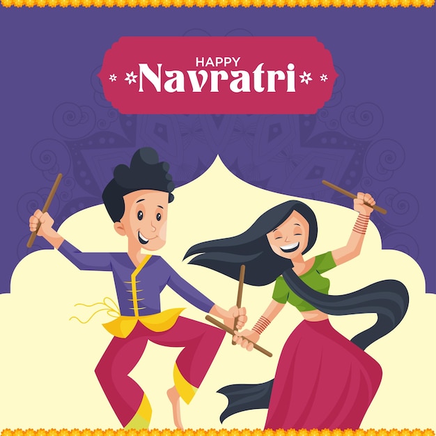 행복 Navratri 만화 스타일 일러스트의 배너 디자인