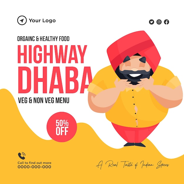 Banner design of organic and healthy food on highway dhaba template