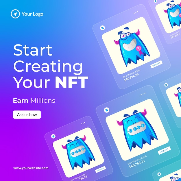 Vector banner design of start creating your nft template