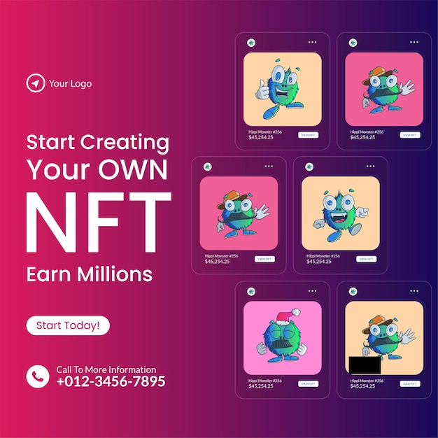 Vector banner design of start creating your own nft earn millions template