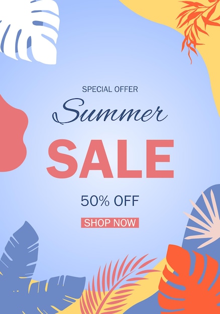 Banner design for summer salevector template with tropical leaves for web bannerssocial media post