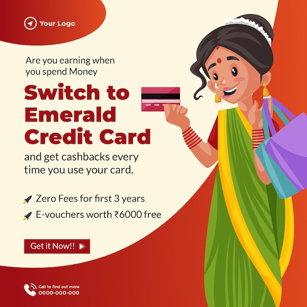 Banner design of switch to emerald credit card cartoon style template