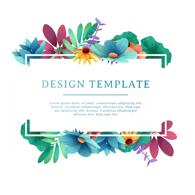 banner design template with floral decoration. rectangular frame with the decor of flowers, leaves, twigs. individual invitation with space for text on the background natural summer bouquet. .