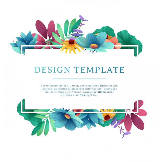 Banner design template with floral decoration. Rectangular frame with the decor of flowers, leaves, twigs. Individual invitation with space for text on the background natural summer bouquet. .