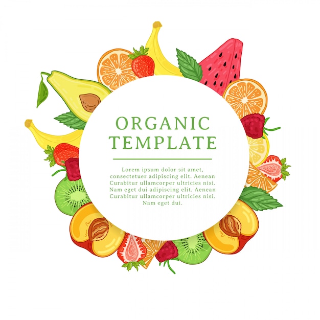 Banner design template with tropical fruit decoration. Round frame with the decor of healthy, juicy fruit. Card with space for text on the background natural summer vegeterian food. .