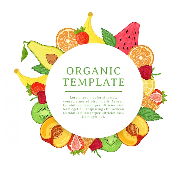 Banner design template with tropical fruit decoration. round frame with the decor of healthy, juicy fruit. card with space for text on the background natural summer vegeterian food. .