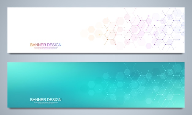 Banner design templates and headers for site with molecular structures background