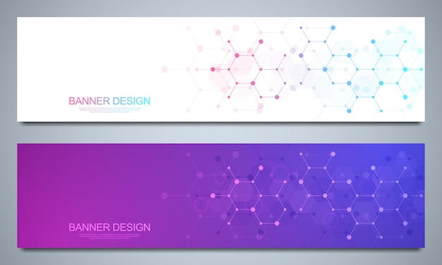 Banner design templates and headers for site with molecular structures background