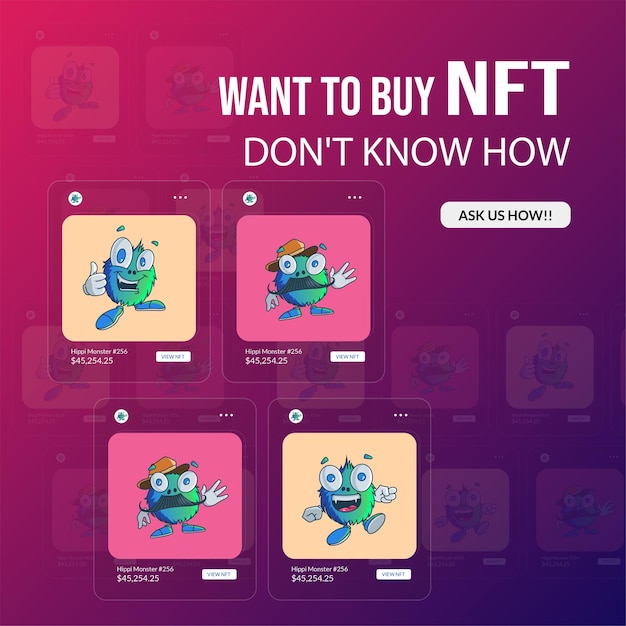 Banner design of want to buy nft cartoon style template