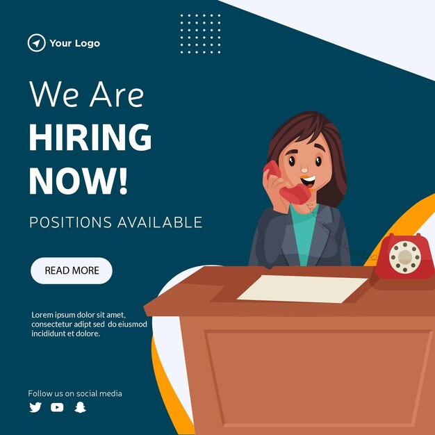 Banner design of we are hiring now cartoon style illustration