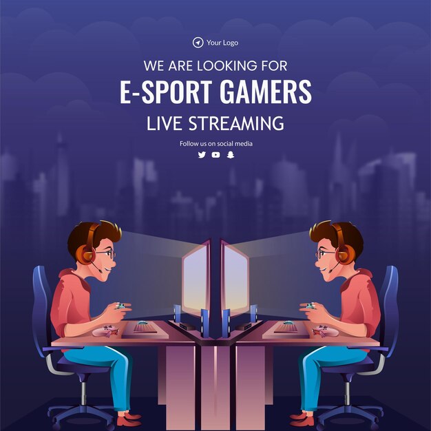 Vector banner design of we are looking for e sport gamers live streaming template