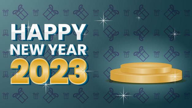 banner design with gold podium, giftbox pattern and dark background for happy new year 2023