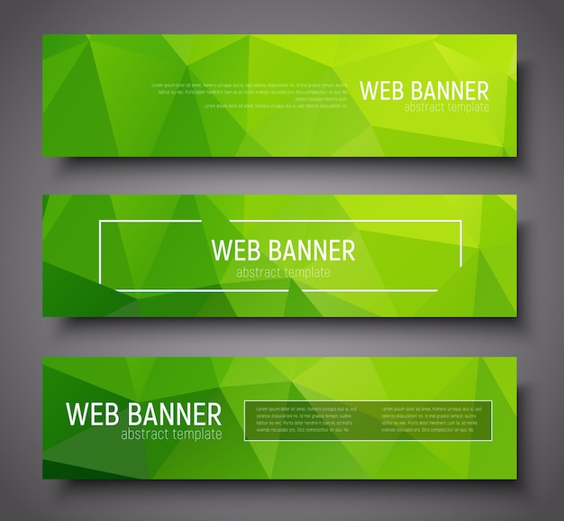 Banner design with green abstract polygonal background, borders and text. Set