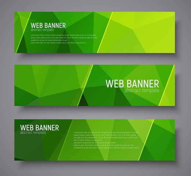 Vector banner design with green abstract polygonal background, transparent diagonal dies and text. set