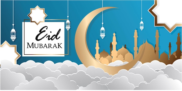 Banner design with lanterns mosque and moon gold for celebration