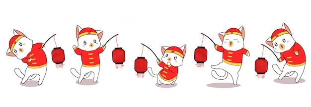 Banner die aanbiddelijke kattenkarakters in Chinees nieuw jaar begroeten