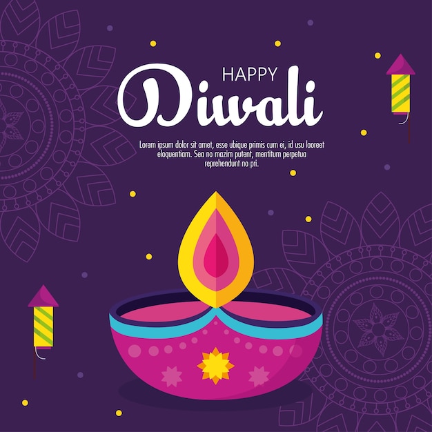 Banner of diwali festival holiday with candle and fireworks on purple background.