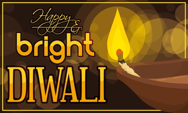 Banner per il festival di diwali con messaggio di saluto illuminato diya o lampada a olio indiana ed effetto bokeh