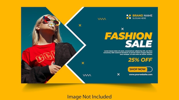 A banner for fashion sale with a woman wearing a red shirt.